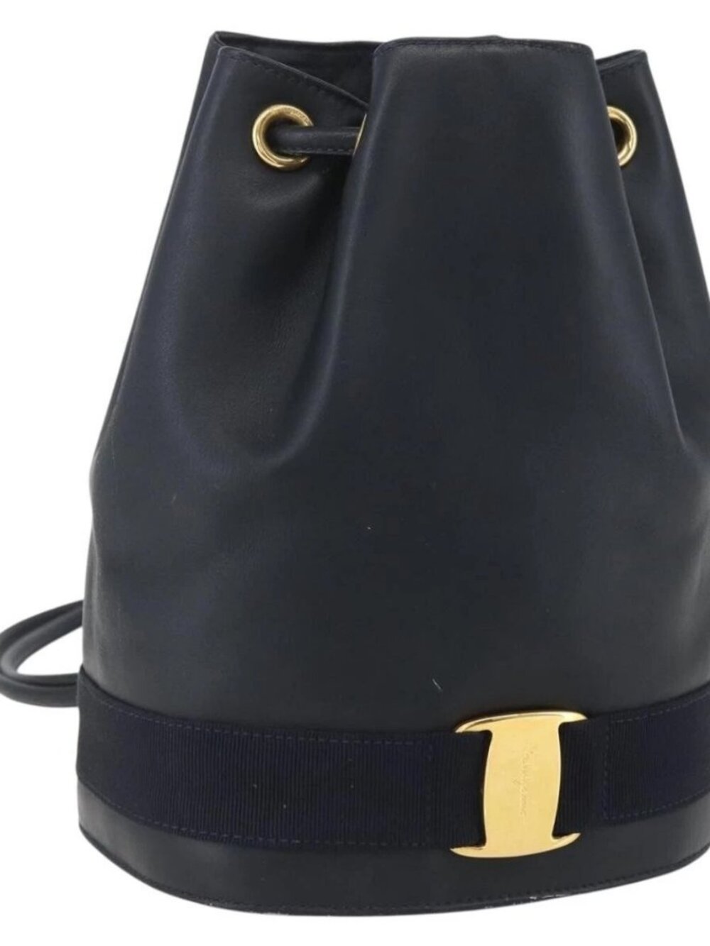 Salvatore Ferragamo Backpack Leather Navy Gold Auth ka976